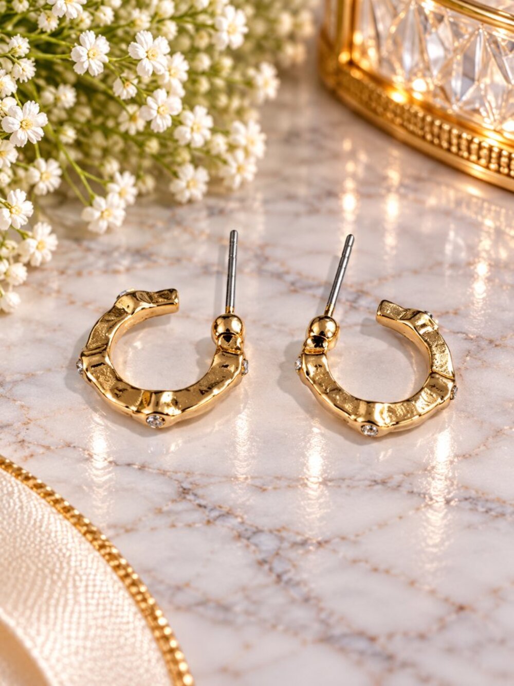 Gold Hammered Mini Hoop Earrings Textured Small Open C Hoops - Women Jewelry